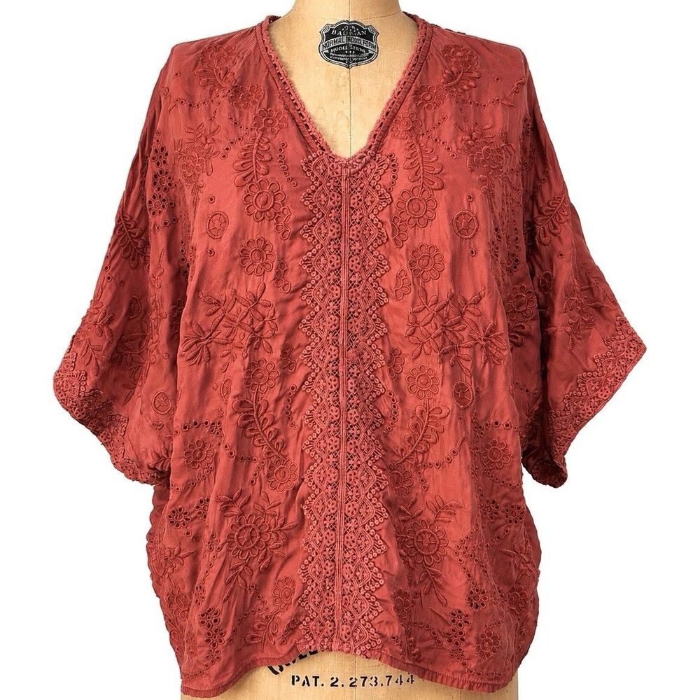 Sundance Rust Embroidered Boho Festival Blouse Top Medium Eyelet Cupro